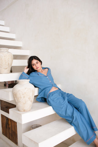 Carine Linen Pyjama Long Set – Cerulean