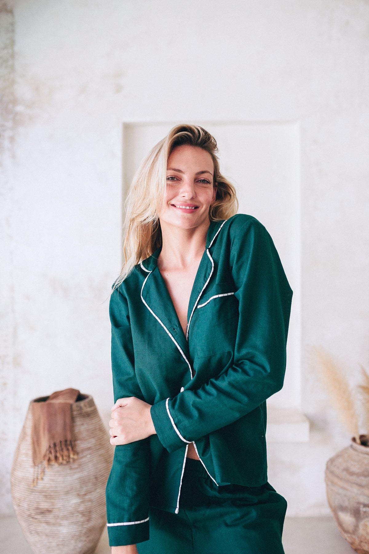 Carine Linen Pyjama Long Set – Vert Foret