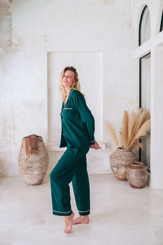 Carine Linen Pyjama Long Set – Vert Foret