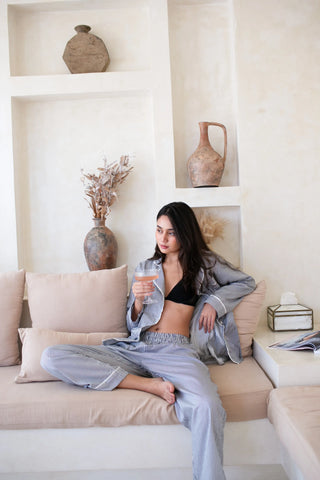 Cecile Pinstripe Cotton Pyjama Long Set – Navy