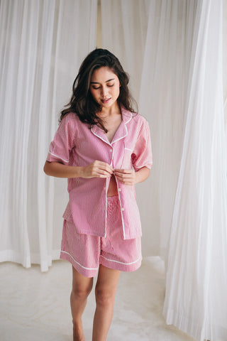 Cecile Pinstripe Cotton Pyjama Short Set - Red