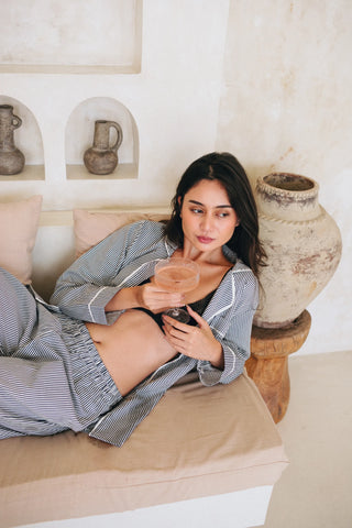 Cecile Pinstripe Cotton Pyjama Long Set – Navy