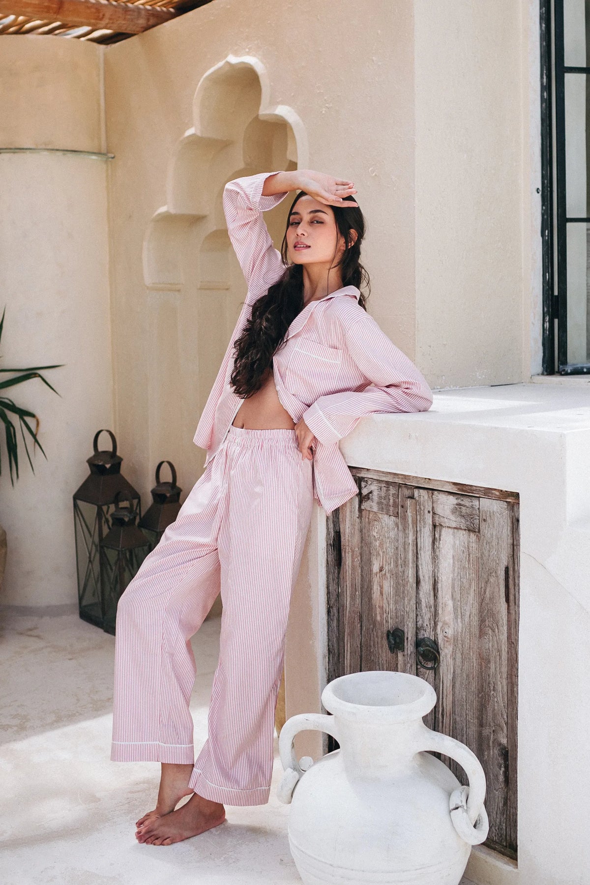 Cecile Pinstripe Pyjama Long Set – Pink