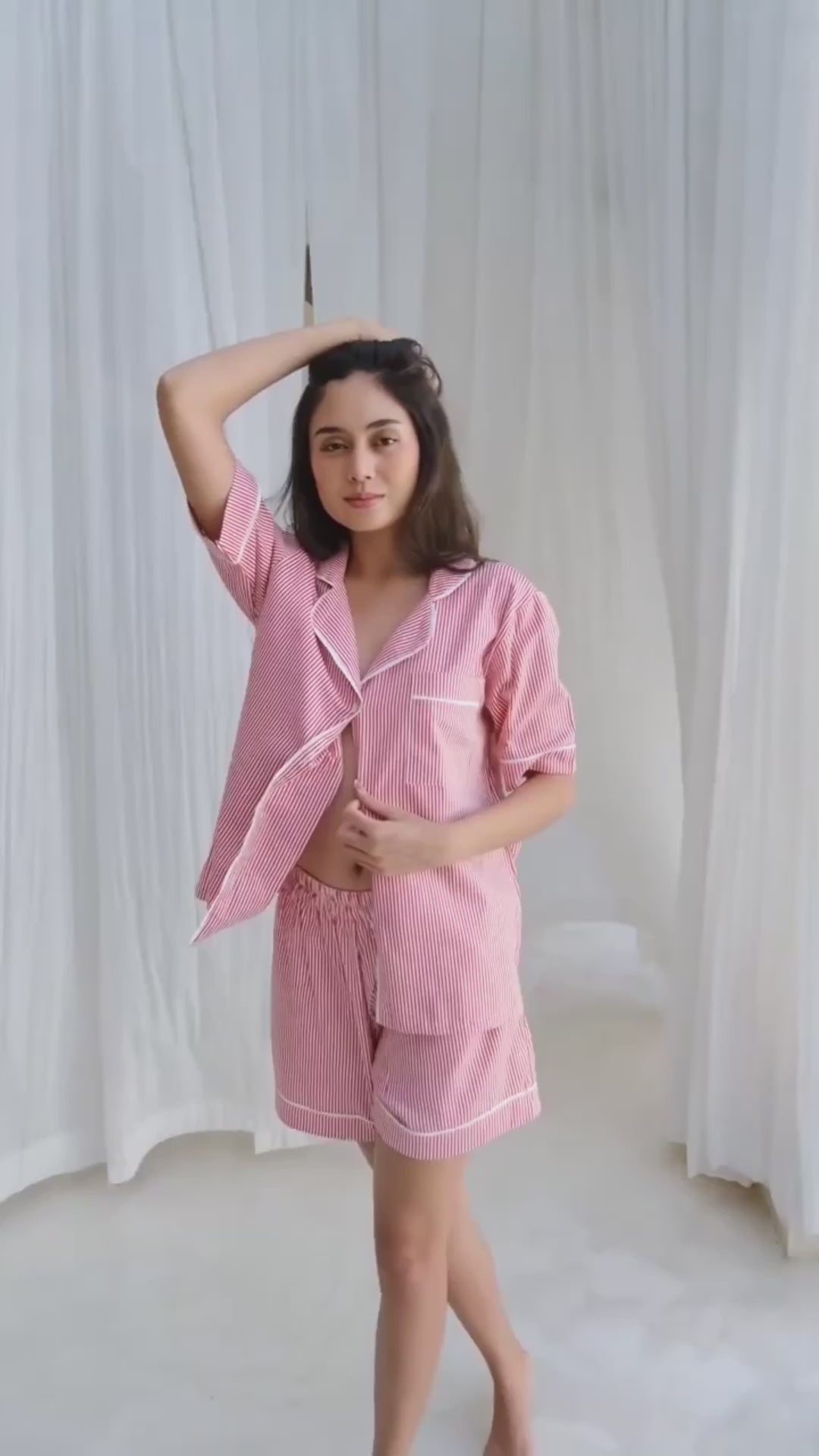 Cecile Pinstripe Cotton Pyjama Short Set - Red